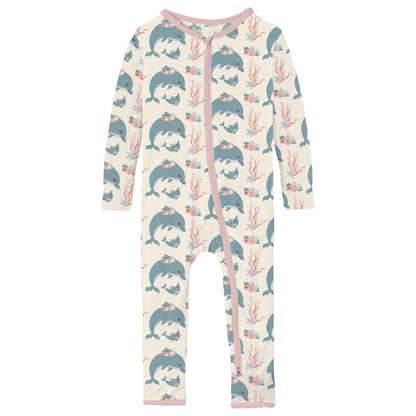 Print Coverall with 2 Way Zipper in Natural Dolphins