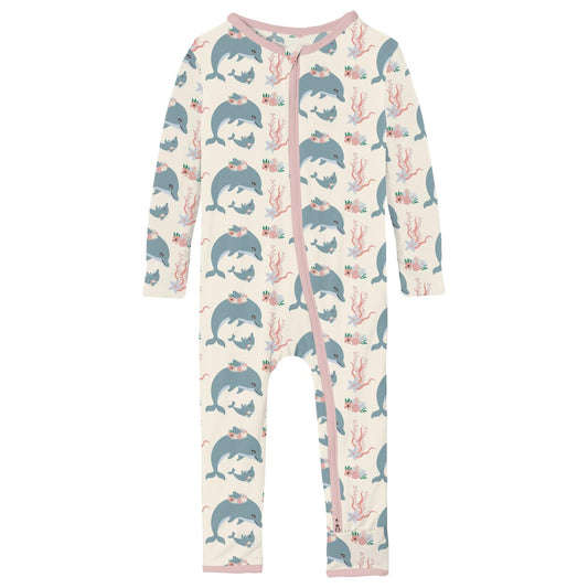 Print Coverall with 2 Way Zipper in Natural Dolphins