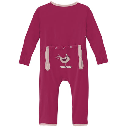 Applique Coverall with 2 Way Zipper in Berry Ski Bird