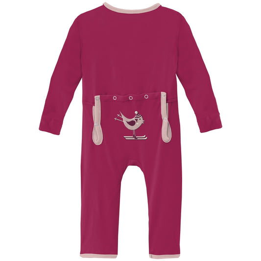 Applique Coverall with 2 Way Zipper in Berry Ski Bird