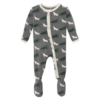 Print Layette Ruffle Footie with Zipper in Pewter Christmas Tree Drag