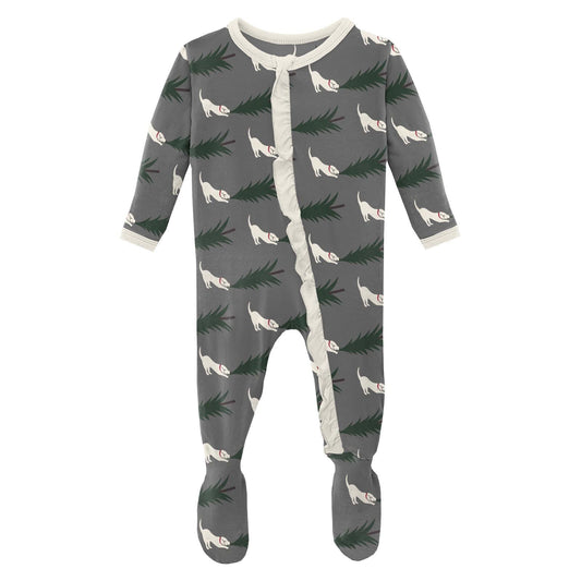 Print Layette Ruffle Footie with Zipper in Pewter Christmas Tree Drag