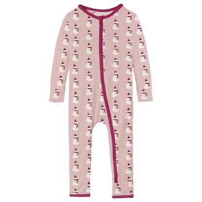 Print Coverall with 2 Way Zipper in Baby Rose Tiny Snowman