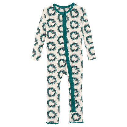 Print Muffin Ruffle Coverall with 2 Way Zipper in Natural Holiday Wreath