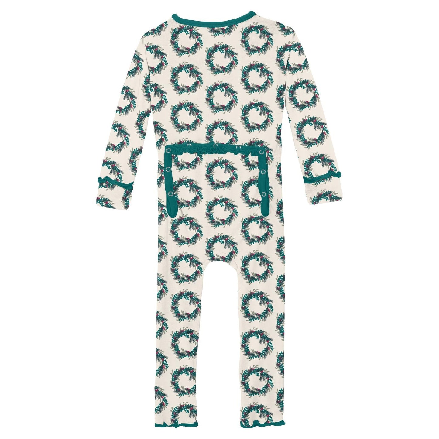 Print Muffin Ruffle Coverall with 2 Way Zipper in Natural Holiday Wreath