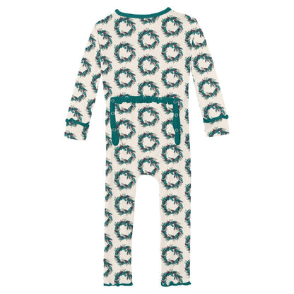 Print Muffin Ruffle Coverall with 2 Way Zipper in Natural Holiday Wreath
