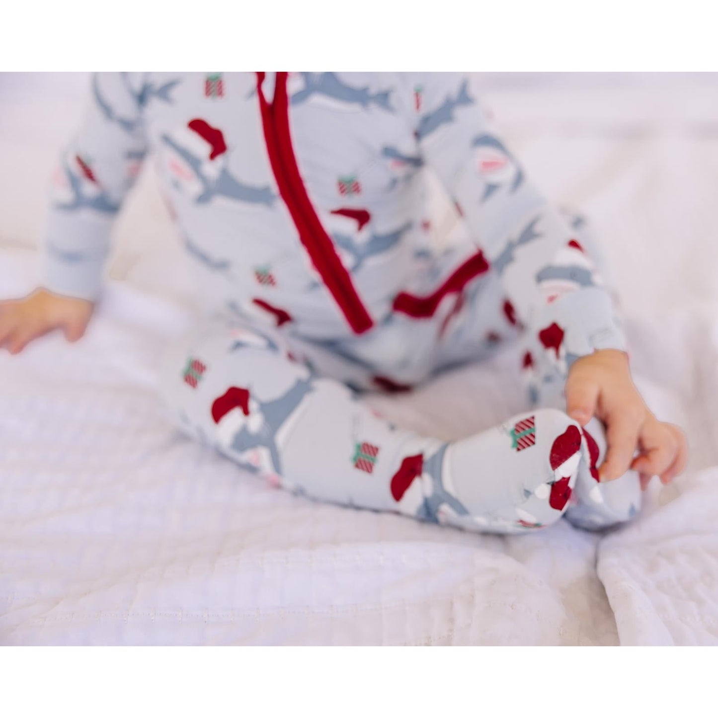 Print Footie with 2 Way Zipper in Illusion Blue Holiday Sharks