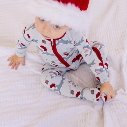 Print Footie with 2 Way Zipper in Illusion Blue Holiday Sharks