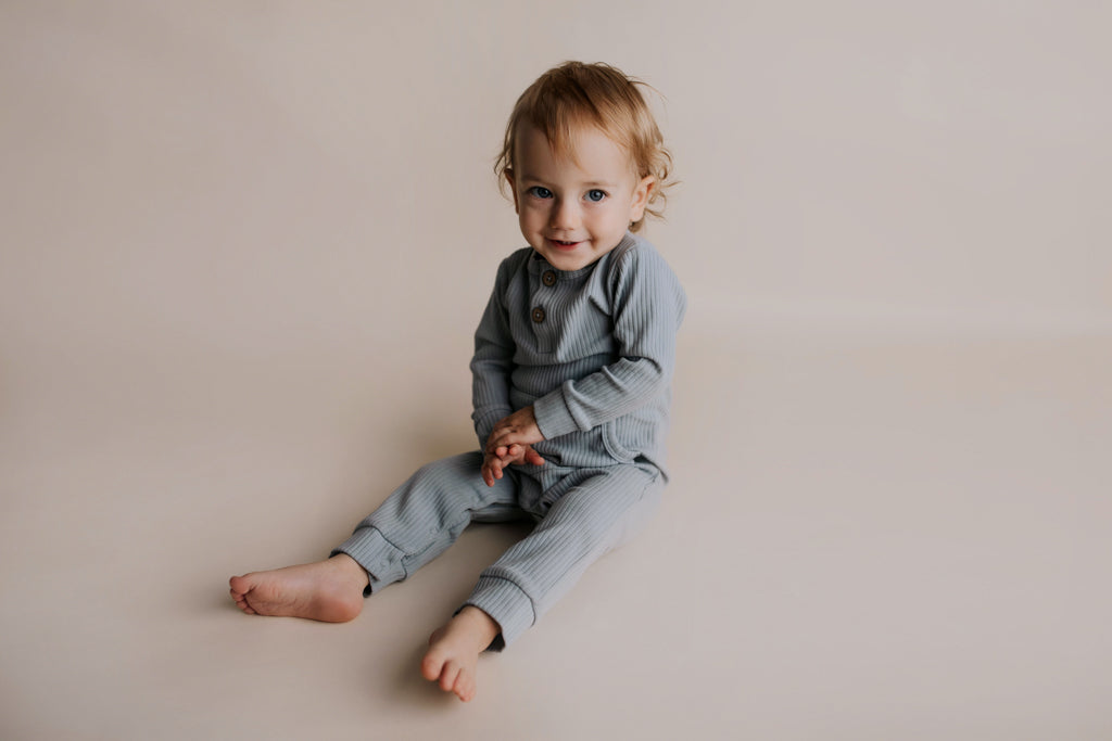 Blissful Blue Baby Ribbed Playsuit with pockets