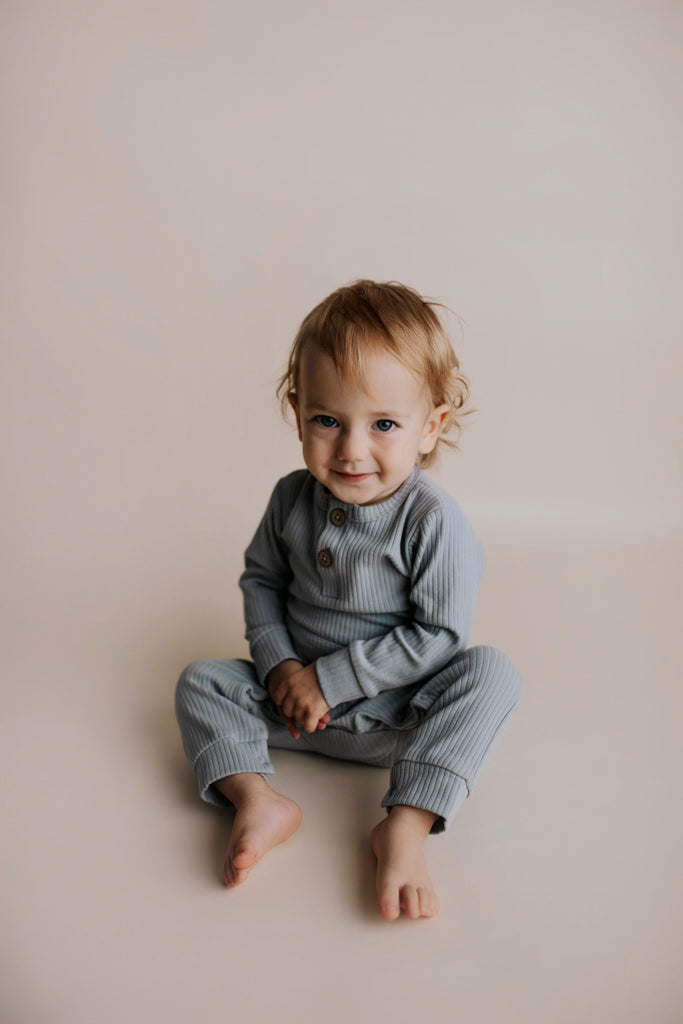 Blissful Blue Baby Ribbed Playsuit with pockets