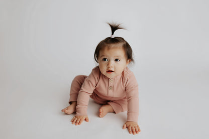 Dusty Rose Pink Baby Ribbed Playsuit with pockets