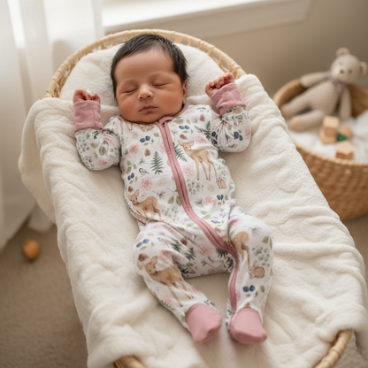 Pink Woodland Deer Bamboo Zipper Romper