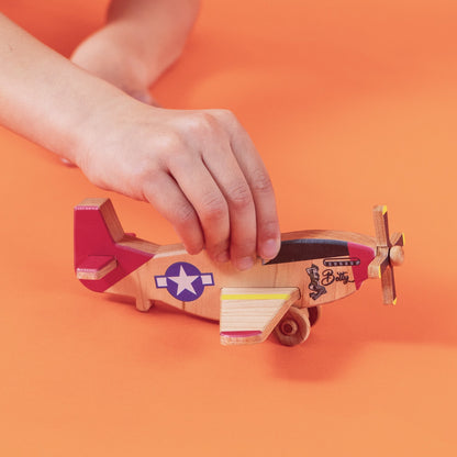 WWII Classic P-51 Mustang Wooden Toy Airplane Betty Pinup | Educational Montessori | Eco-Friendly Hardwood | Made in the USA 🇺🇸