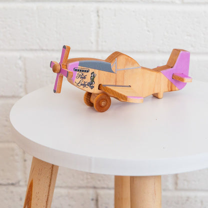 WWII Classic P-51 Mustang Wooden Toy Airplane Pink Lady | Educational Montessori | Eco-Friendly Hardwood | Made in the USA 🇺🇸