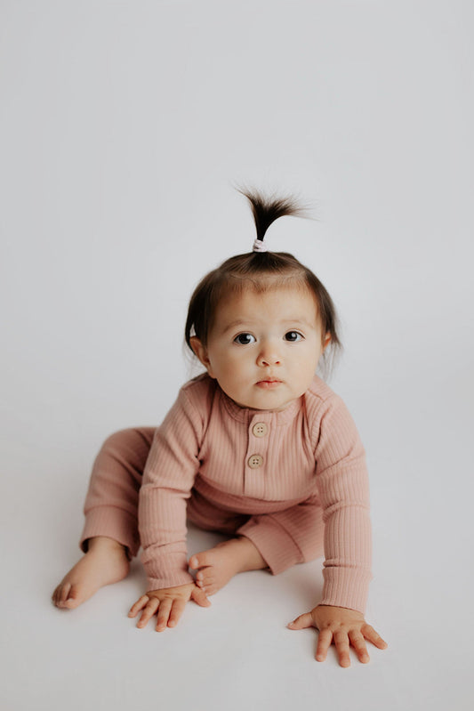 Dusty Rose Pink Baby Ribbed Playsuit with pockets