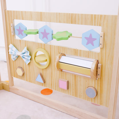 Wooden Baby Playpen with Sensory Activity Panels – 63" x 63" Square, Foldable Indoor Play Yard with Montessori Toys