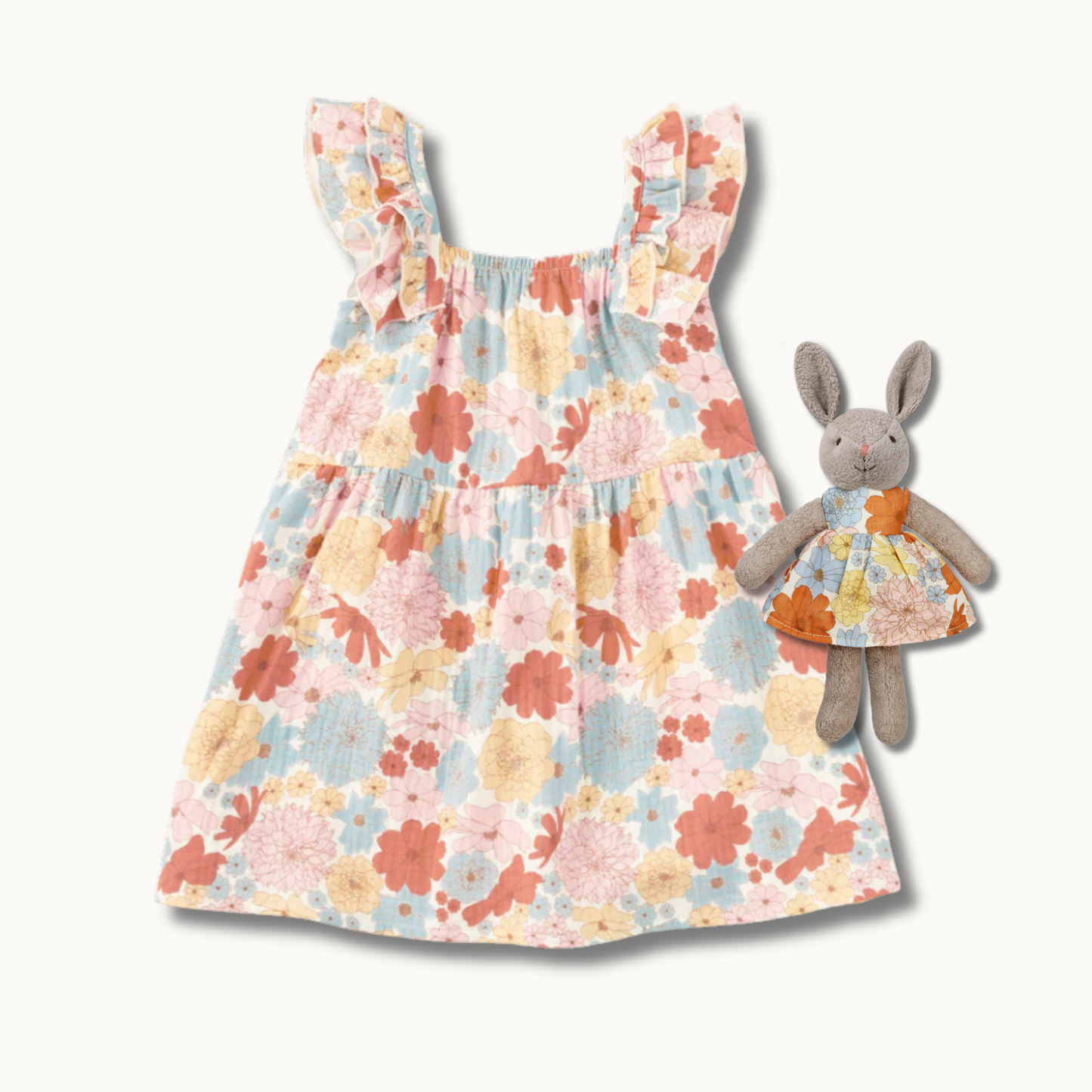 Muslin Flutter Strap Dress + Little Plush Bunny Set - Wildflower Picnic