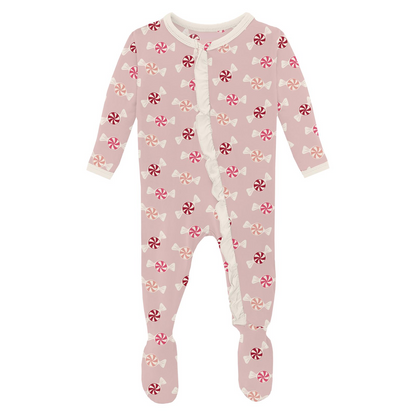 Classic Ruffle Footie with 2 Way Zipper, Baby Rose Peppermints