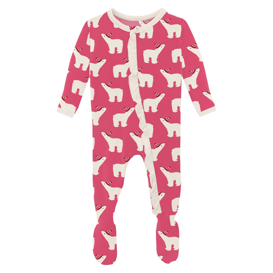 Classic Ruffle Footie with 2 Way Zipper, Winter Rose Polar Bears