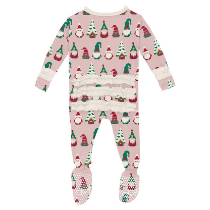 Classic Ruffle Footie with 2 Way Zipper, Baby Rose Gnomes