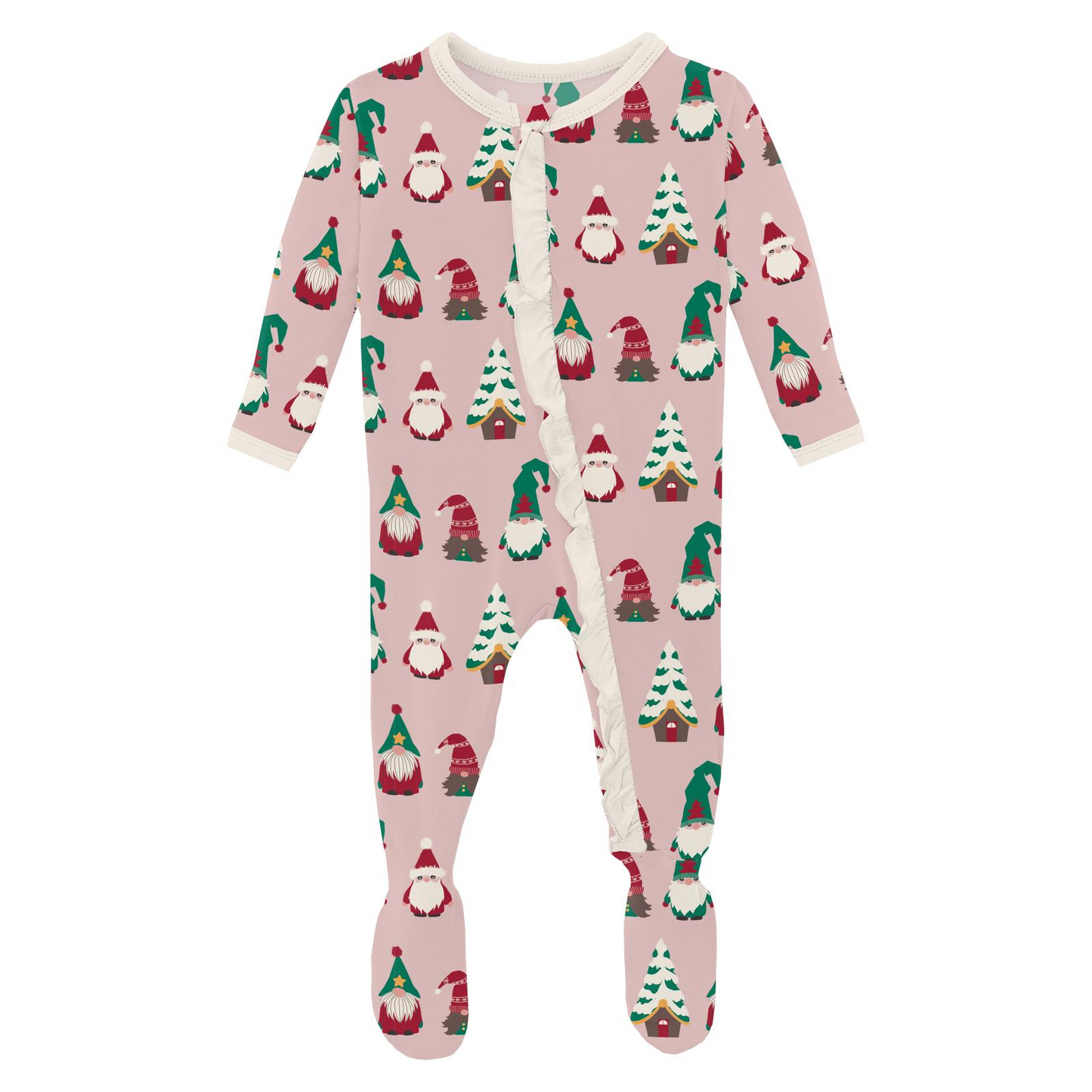 Classic Ruffle Footie with 2 Way Zipper, Baby Rose Gnomes