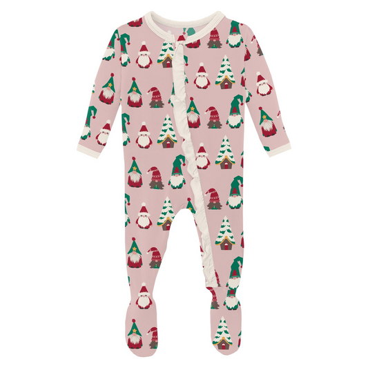 Print Ruffle Footie with 2 Way Zipper, Baby Rose Gnomes