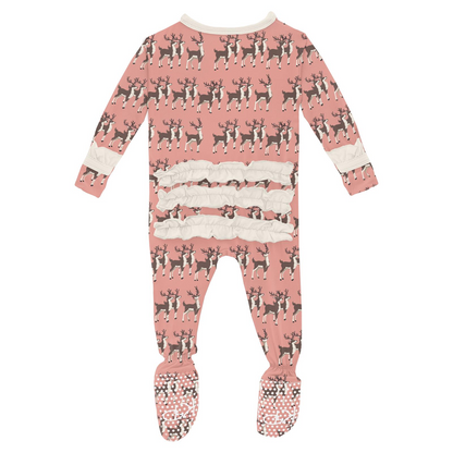 Classic Ruffle Footie with 2 Way Zipper, Blush Rudolph