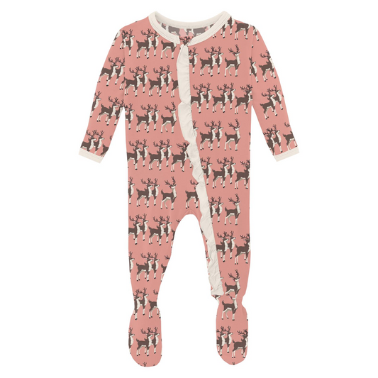 Classic Ruffle Footie with 2 Way Zipper, Blush Rudolph