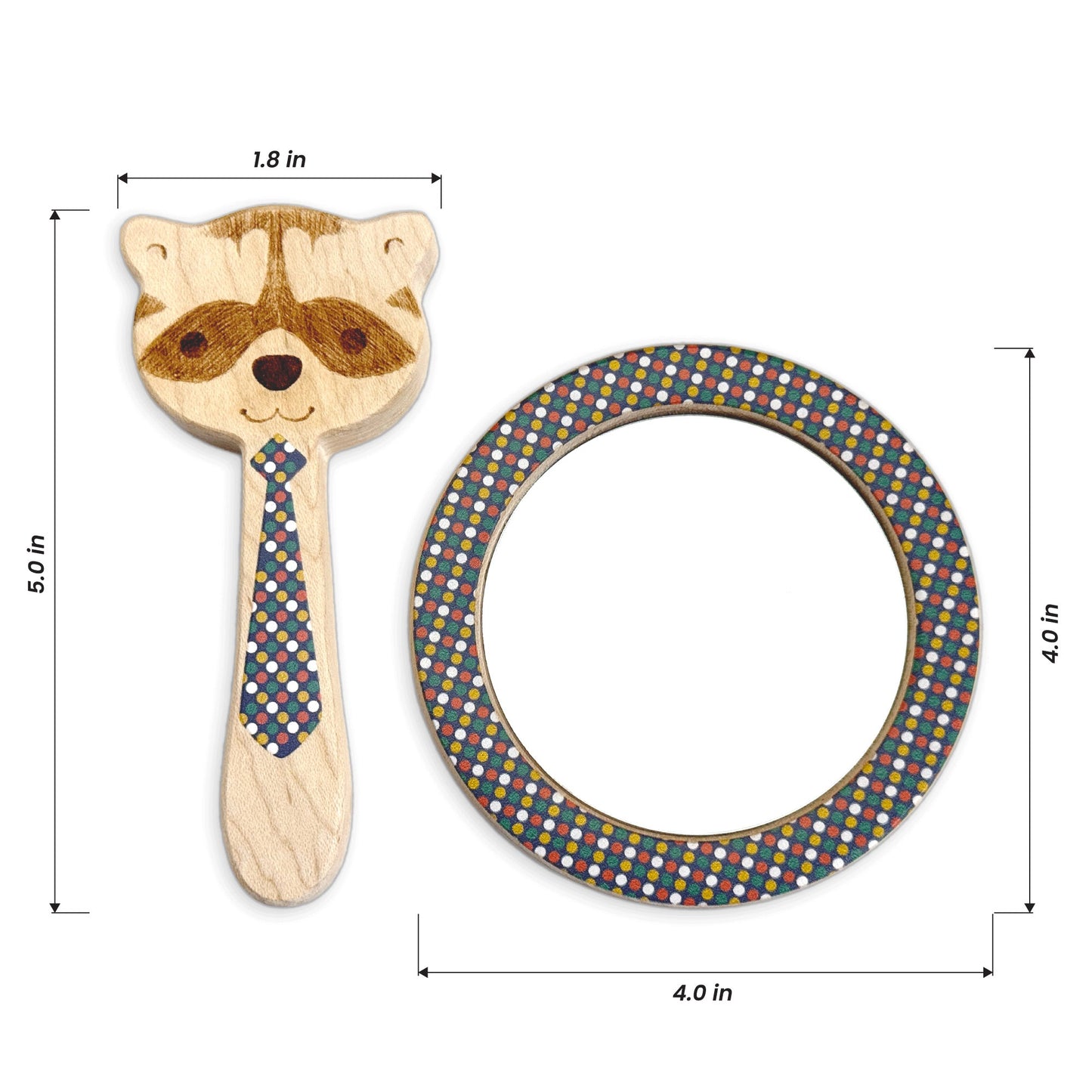 Printed Raccoon Single-Piece Rattle and Matching Mirror | Made in the USA 🇺🇸