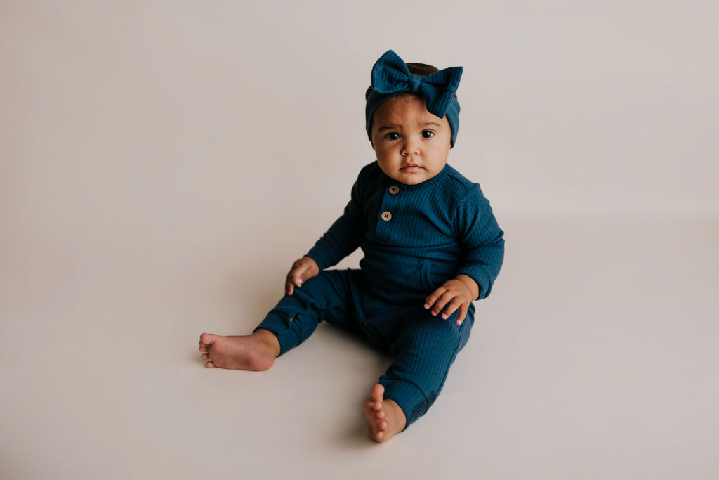 Navy Baby Ribbed Playsuit with pockets