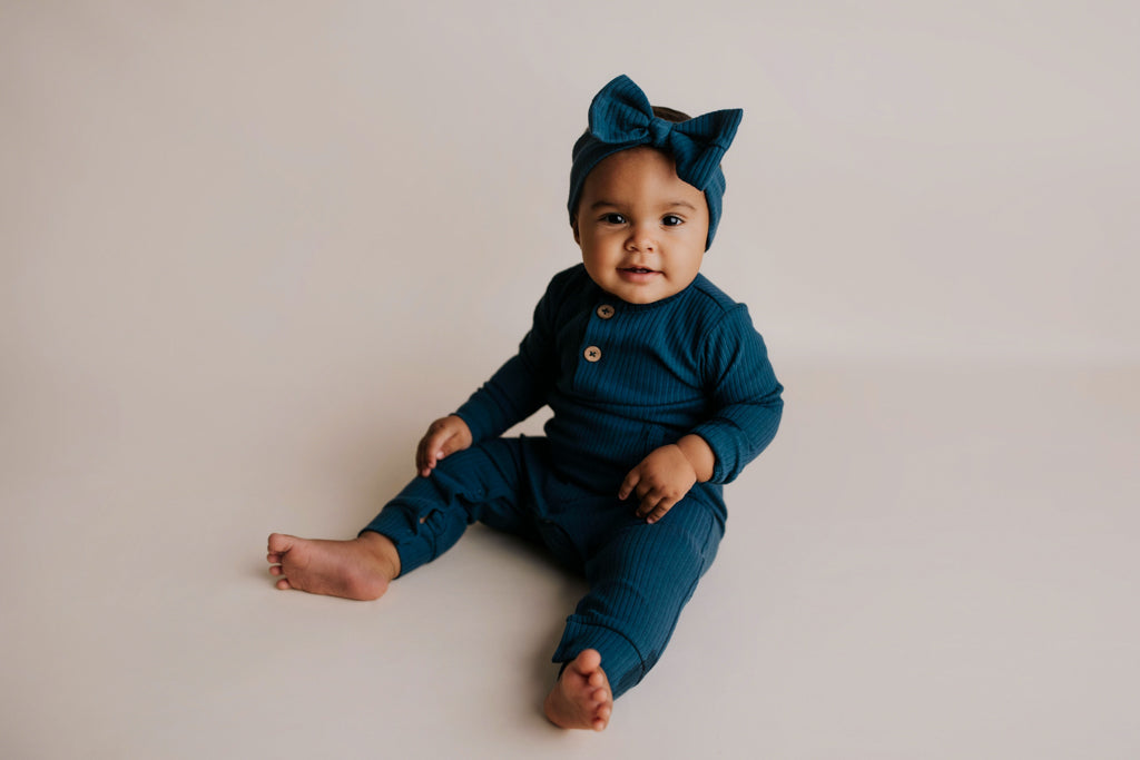 Navy Baby Ribbed Playsuit with pockets