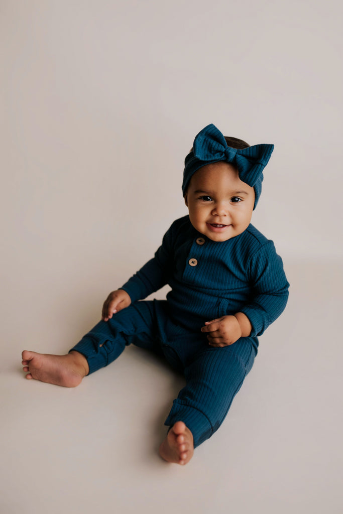 Navy Baby Ribbed Playsuit with pockets