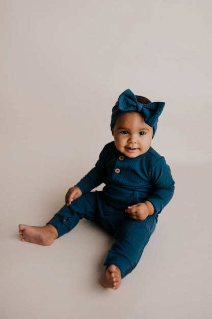 Navy Baby Ribbed Playsuit with pockets