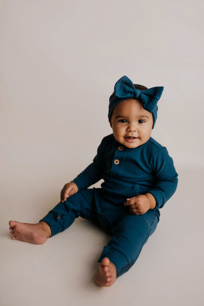 Navy Baby Ribbed Playsuit with pockets