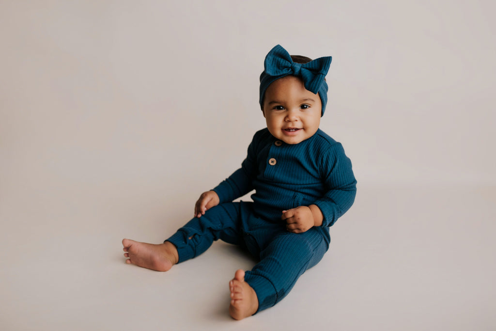 Navy Baby Ribbed Playsuit with pockets
