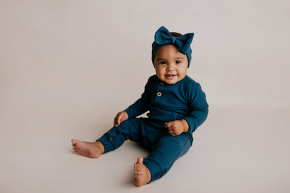 Navy Baby Ribbed Playsuit with pockets