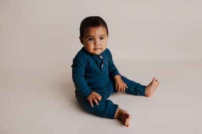 Navy Baby Ribbed Playsuit with pockets