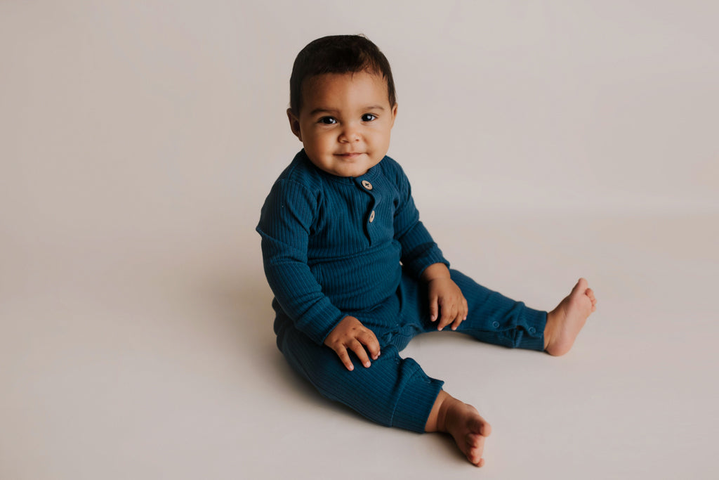 Navy Baby Ribbed Playsuit with pockets