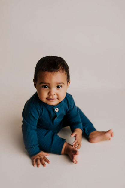 Navy Baby Ribbed Playsuit with pockets