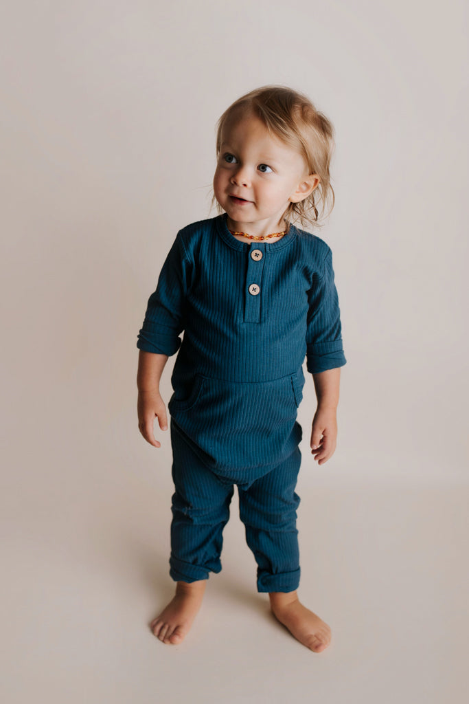 Navy Baby Ribbed Playsuit with pockets