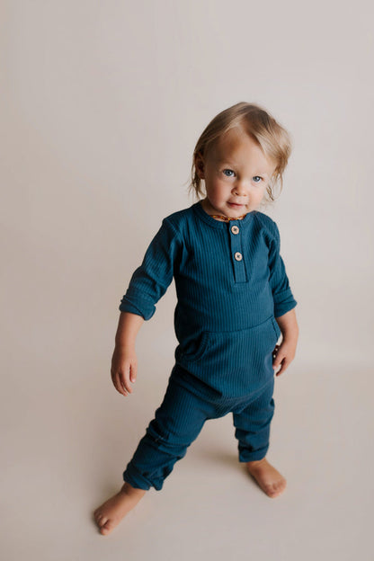 Navy Baby Ribbed Playsuit with pockets