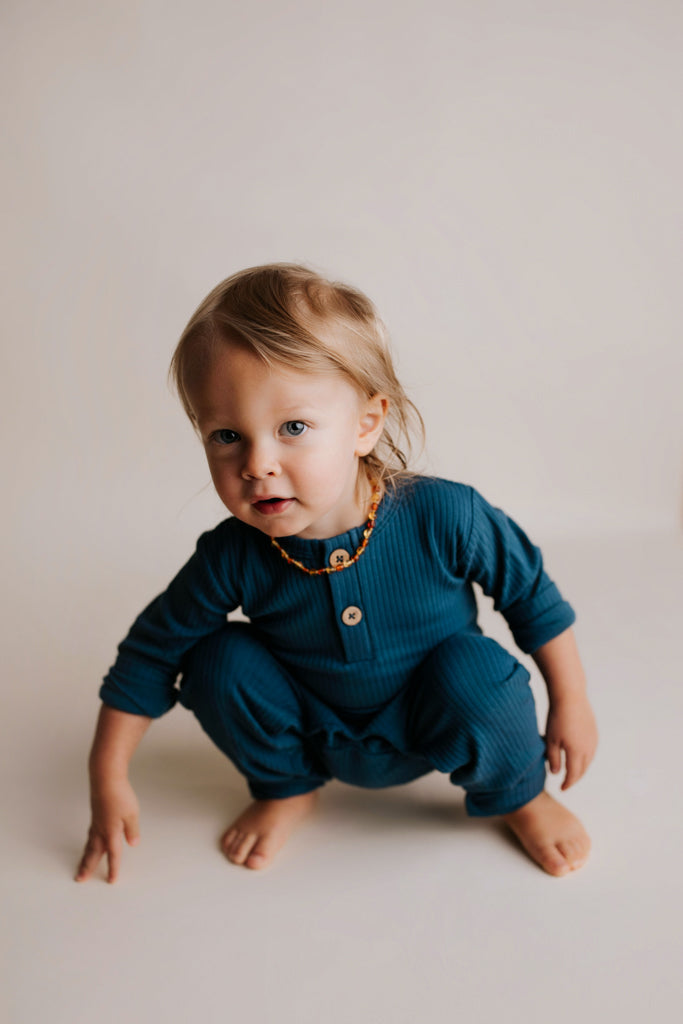 Navy Baby Ribbed Playsuit with pockets
