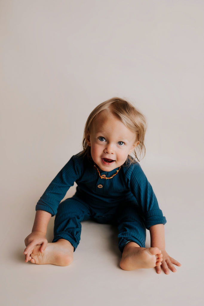 Navy Baby Ribbed Playsuit with pockets