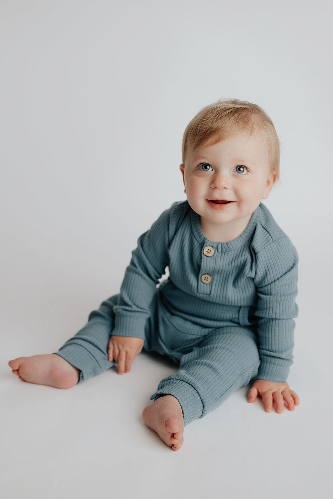 Storm Blue Baby Ribbed Playsuit with pockets