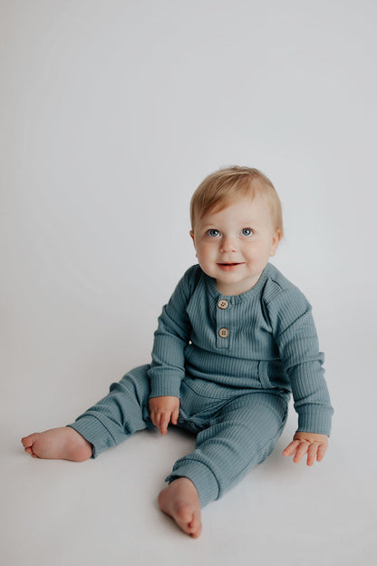 Storm Blue Baby Ribbed Playsuit with pockets