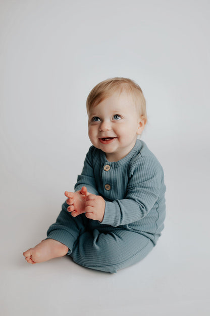 Storm Blue Baby Ribbed Playsuit with pockets