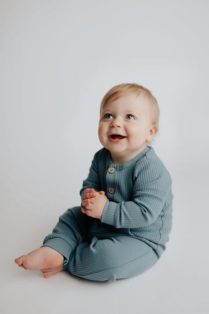 Storm Blue Baby Ribbed Playsuit with pockets