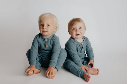 Storm Blue Baby Ribbed Playsuit with pockets