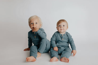 Storm Blue Baby Ribbed Playsuit with pockets