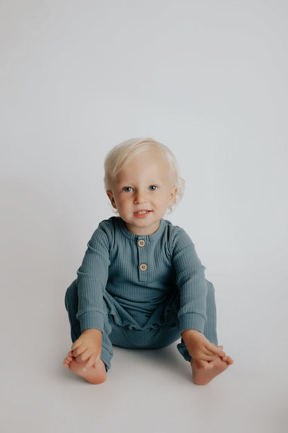Storm Blue Baby Ribbed Playsuit with pockets